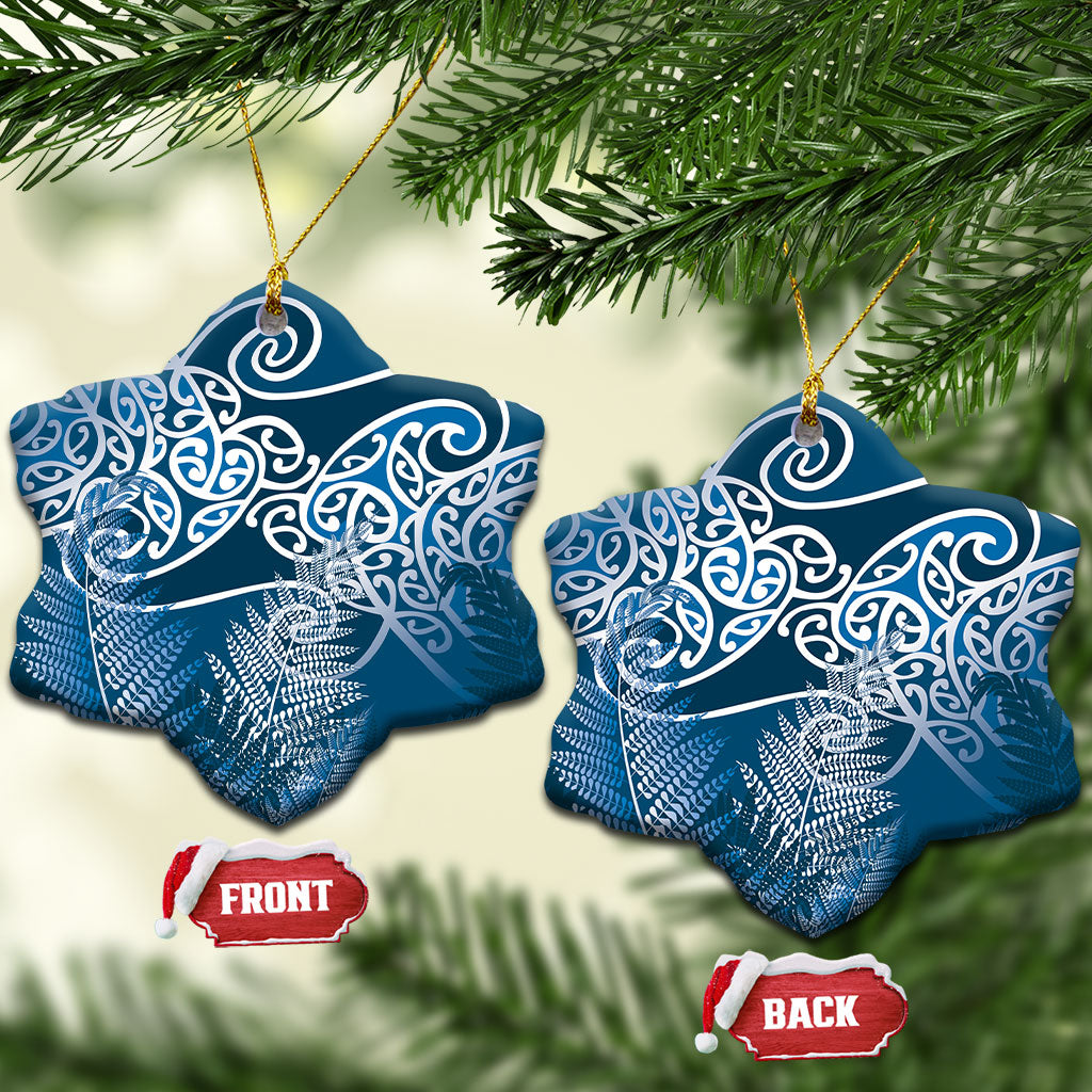Aotearoa Maori Koru Curves Ceramic Ornament Silver Ferns - Navy Blue LT7 Snow Flake Navy Blue - Polynesian Pride