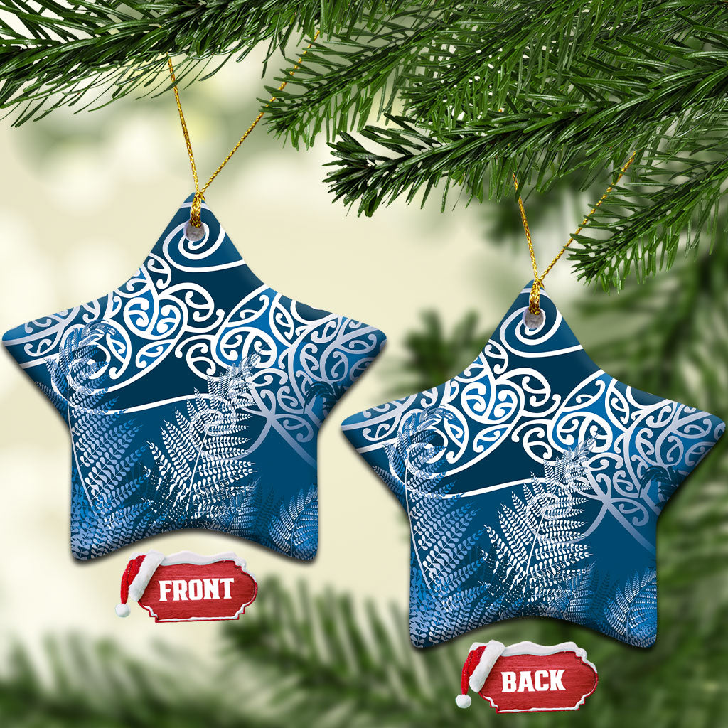 Aotearoa Maori Koru Curves Ceramic Ornament Silver Ferns - Navy Blue LT7 Star Navy Blue - Polynesian Pride
