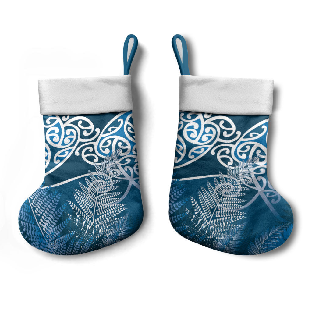 Aotearoa Maori Koru Curves Christmas Stocking Silver Ferns - Navy Blue LT7 - Polynesian Pride