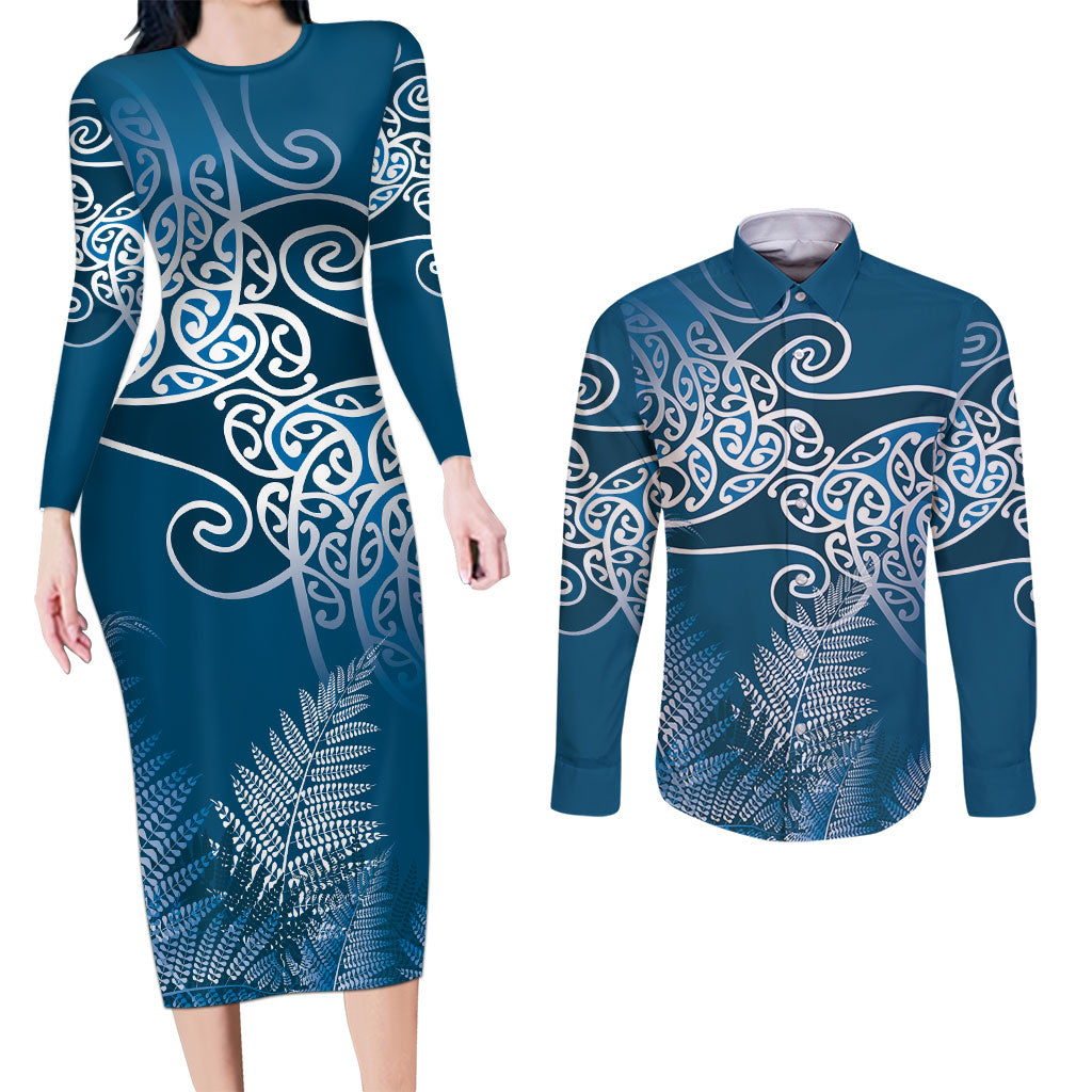 Aotearoa Maori Koru Curves Couples Matching Long Sleeve Bodycon Dress and Long Sleeve Button Shirt Silver Ferns - Navy Blue LT7 Navy Blue - Polynesian Pride