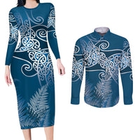 Aotearoa Maori Koru Curves Couples Matching Long Sleeve Bodycon Dress and Long Sleeve Button Shirt Silver Ferns - Navy Blue LT7 Navy Blue - Polynesian Pride