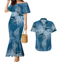 Aotearoa Maori Koru Curves Couples Matching Mermaid Dress and Hawaiian Shirt Silver Ferns - Navy Blue LT7 Navy Blue - Polynesian Pride