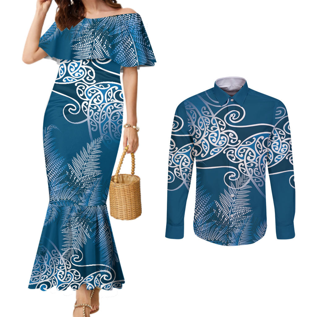 Aotearoa Maori Koru Curves Couples Matching Mermaid Dress and Long Sleeve Button Shirt Silver Ferns - Navy Blue LT7 Navy Blue - Polynesian Pride