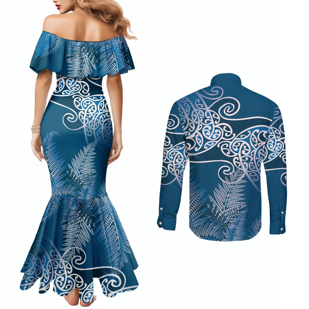Aotearoa Maori Koru Curves Couples Matching Mermaid Dress and Long Sleeve Button Shirt Silver Ferns - Navy Blue LT7 - Polynesian Pride