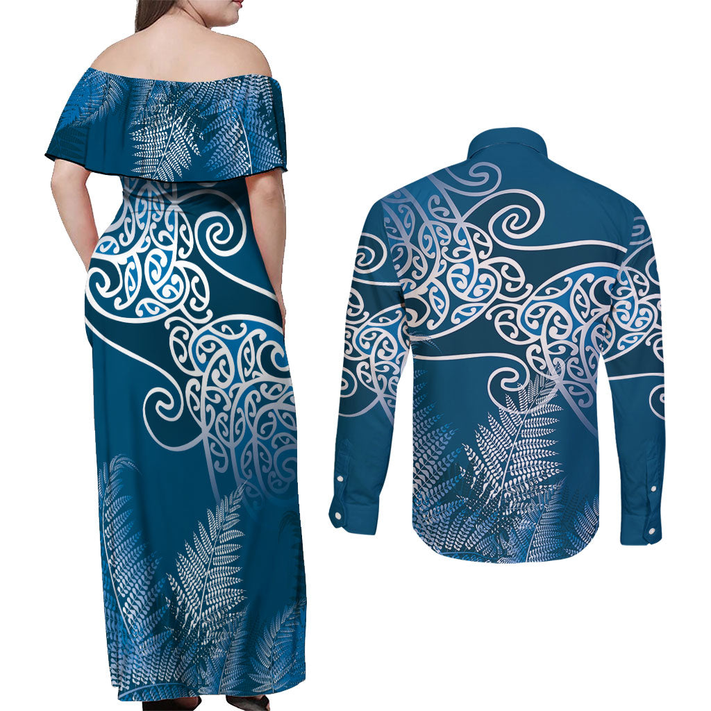 Aotearoa Maori Koru Curves Couples Matching Off Shoulder Maxi Dress and Long Sleeve Button Shirt Silver Ferns - Navy Blue LT7 - Polynesian Pride