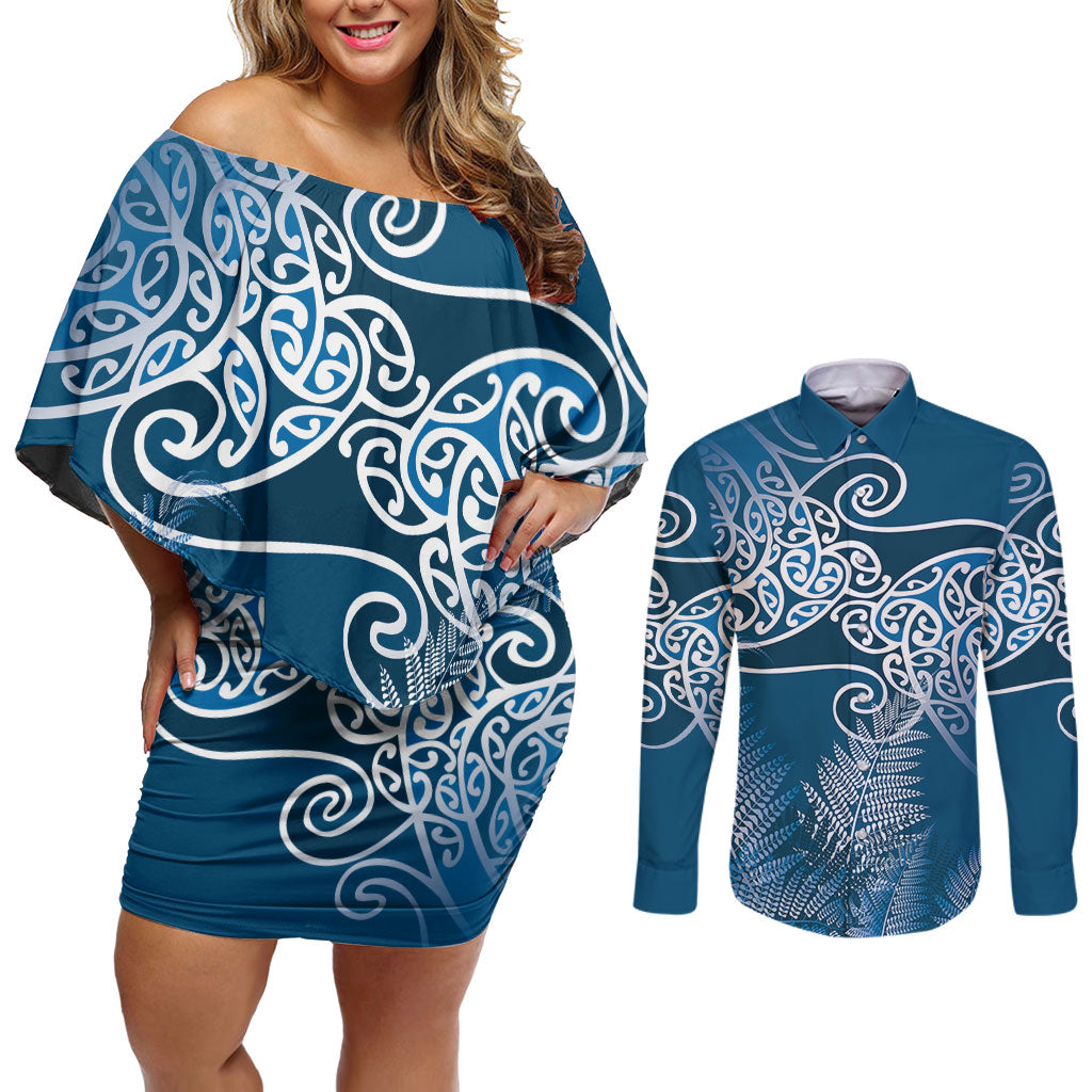 Aotearoa Maori Koru Curves Couples Matching Off Shoulder Short Dress and Long Sleeve Button Shirt Silver Ferns - Navy Blue LT7 Navy Blue - Polynesian Pride