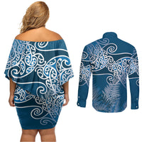 Aotearoa Maori Koru Curves Couples Matching Off Shoulder Short Dress and Long Sleeve Button Shirt Silver Ferns - Navy Blue LT7 - Polynesian Pride