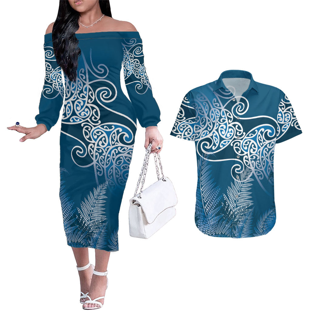 Aotearoa Maori Koru Curves Couples Matching Off The Shoulder Long Sleeve Dress and Hawaiian Shirt Silver Ferns - Navy Blue LT7 Navy Blue - Polynesian Pride