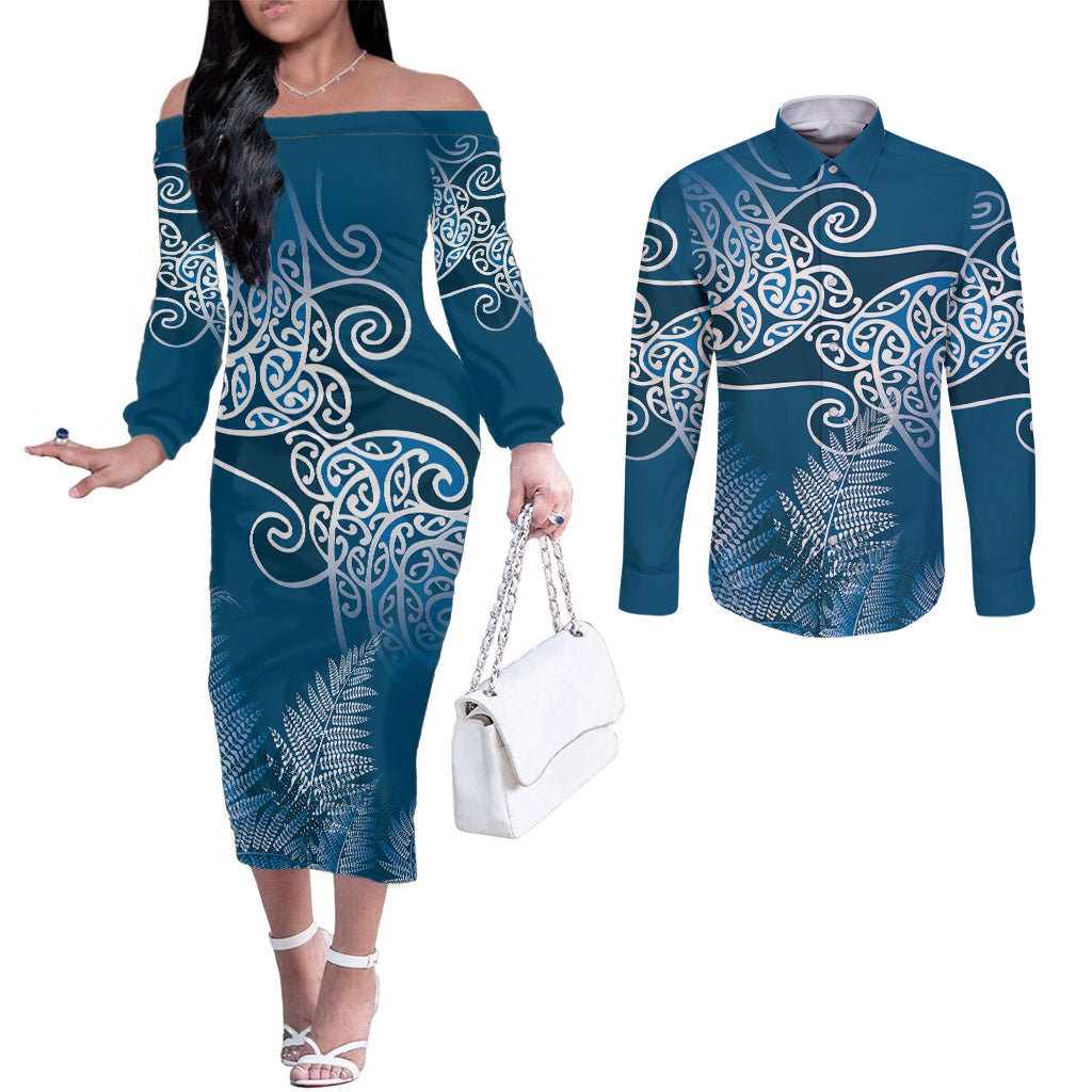 Aotearoa Maori Koru Curves Couples Matching Off The Shoulder Long Sleeve Dress and Long Sleeve Button Shirt Silver Ferns - Navy Blue LT7 Navy Blue - Polynesian Pride