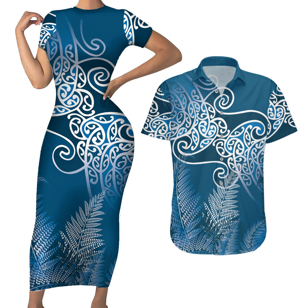 Aotearoa Maori Koru Curves Couples Matching Short Sleeve Bodycon Dress and Hawaiian Shirt Silver Ferns - Navy Blue LT7 Navy Blue - Polynesian Pride