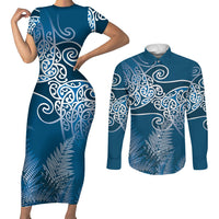 Aotearoa Maori Koru Curves Couples Matching Short Sleeve Bodycon Dress and Long Sleeve Button Shirt Silver Ferns - Navy Blue LT7 Navy Blue - Polynesian Pride