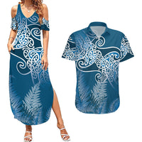 Aotearoa Maori Koru Curves Couples Matching Summer Maxi Dress and Hawaiian Shirt Silver Ferns - Navy Blue LT7 Navy Blue - Polynesian Pride