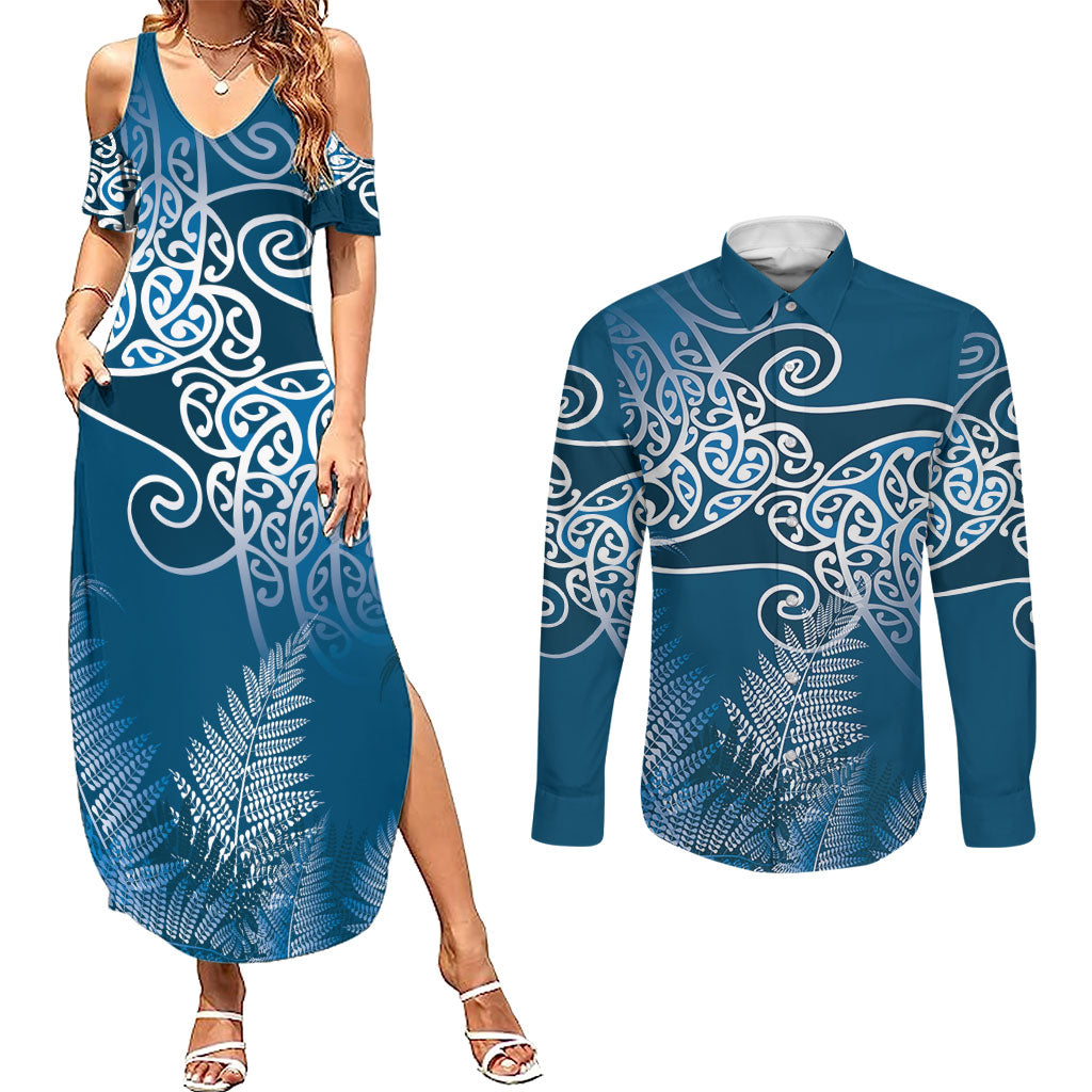 Aotearoa Maori Koru Curves Couples Matching Summer Maxi Dress and Long Sleeve Button Shirt Silver Ferns - Navy Blue LT7 Navy Blue - Polynesian Pride