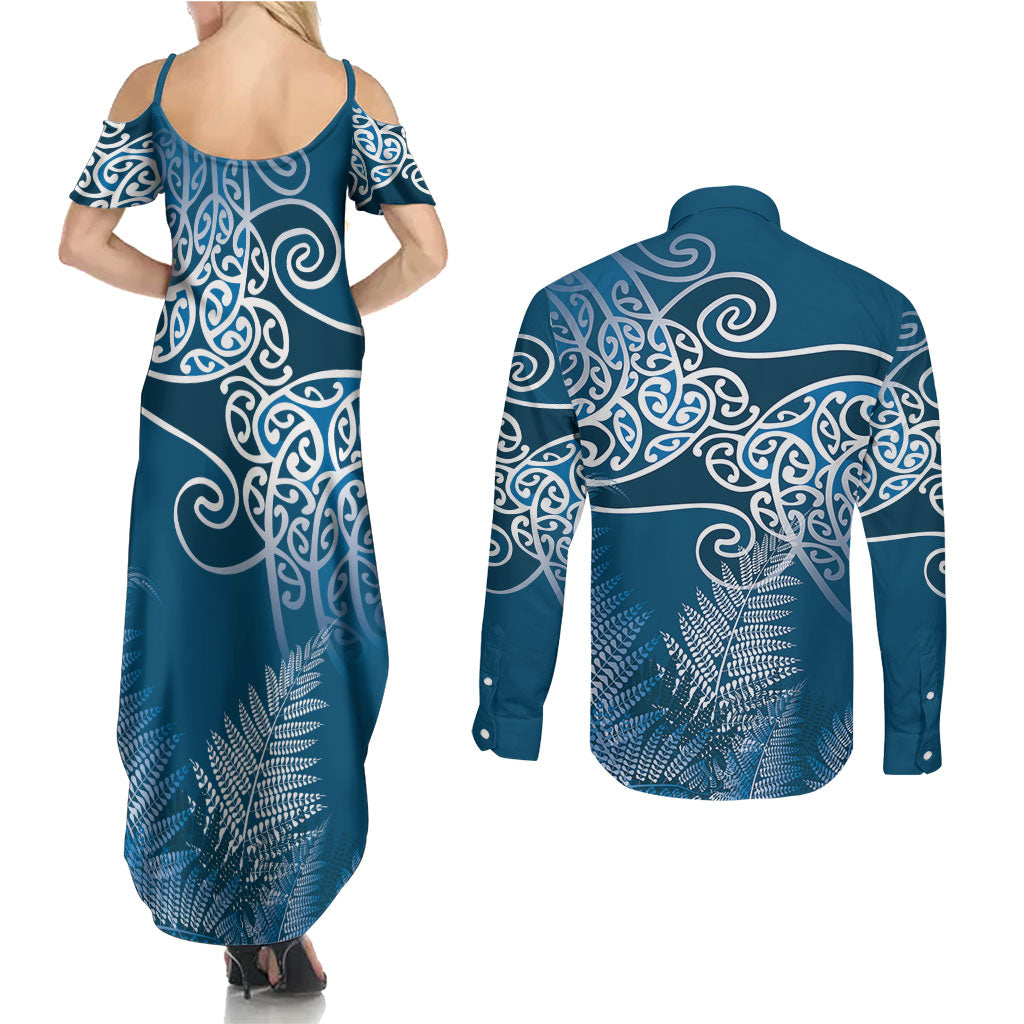 Aotearoa Maori Koru Curves Couples Matching Summer Maxi Dress and Long Sleeve Button Shirt Silver Ferns - Navy Blue LT7 - Polynesian Pride