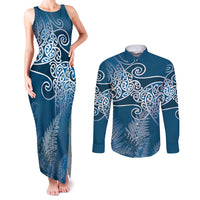 Aotearoa Maori Koru Curves Couples Matching Tank Maxi Dress and Long Sleeve Button Shirt Silver Ferns - Navy Blue LT7 Navy Blue - Polynesian Pride