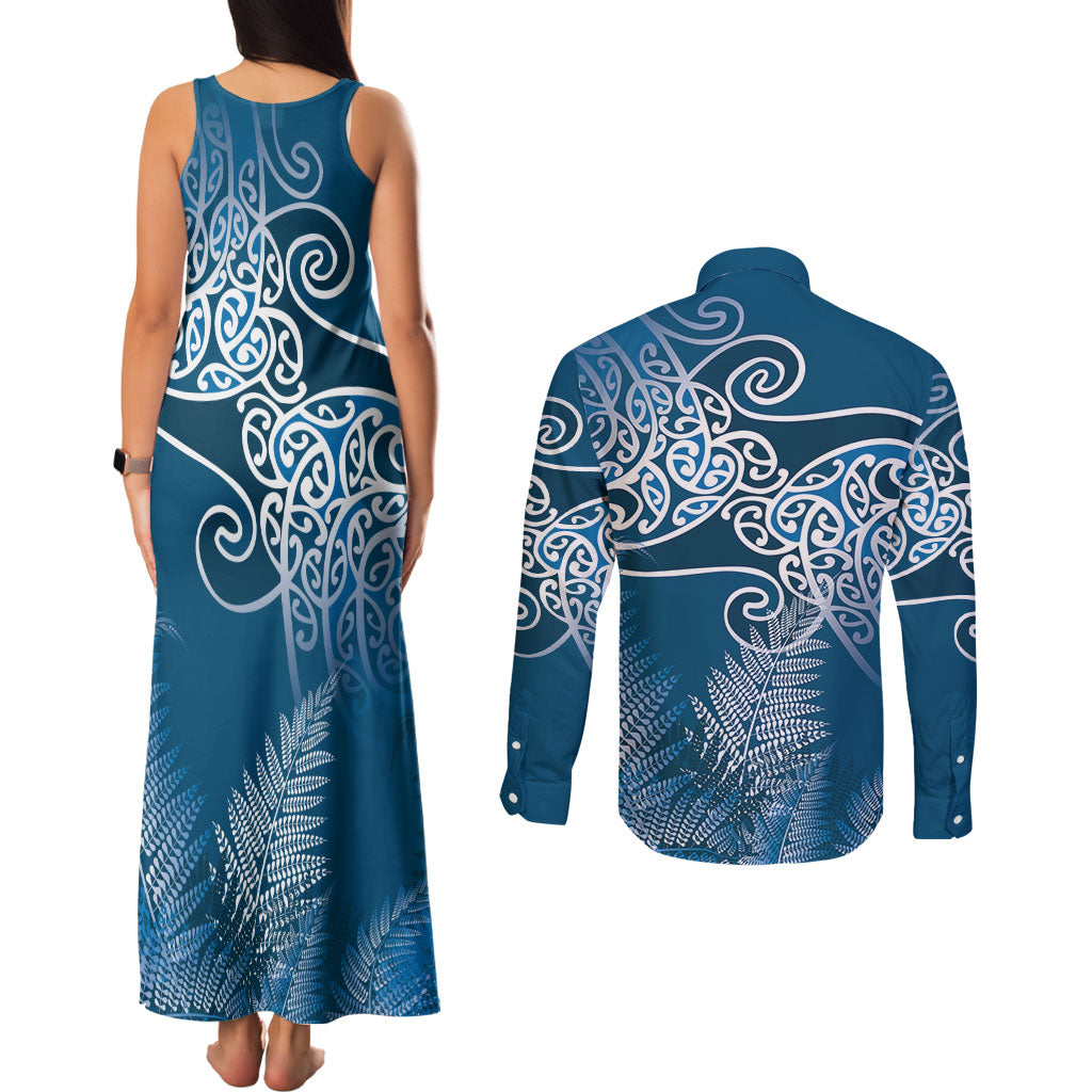 Aotearoa Maori Koru Curves Couples Matching Tank Maxi Dress and Long Sleeve Button Shirt Silver Ferns - Navy Blue LT7 - Polynesian Pride