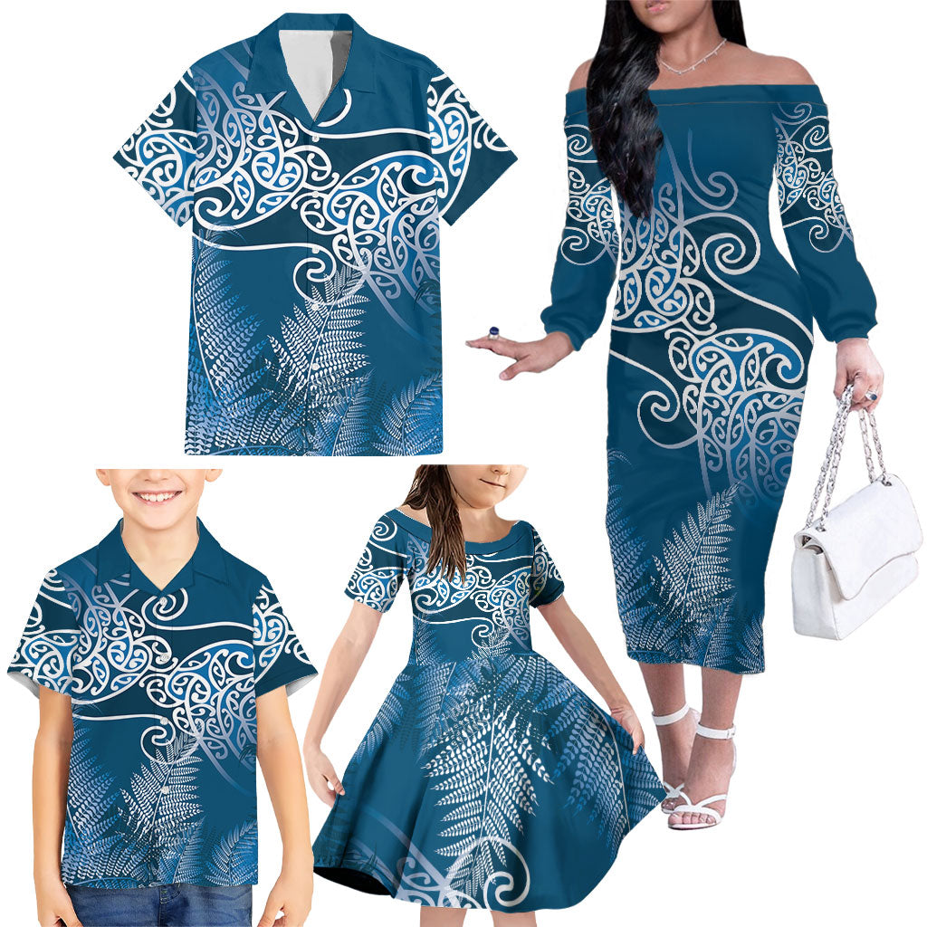 Aotearoa Maori Koru Curves Family Matching Off The Shoulder Long Sleeve Dress and Hawaiian Shirt Silver Ferns - Navy Blue