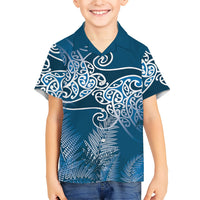Aotearoa Maori Koru Curves Family Matching Off The Shoulder Long Sleeve Dress and Hawaiian Shirt Silver Ferns - Navy Blue LT7 Son's Shirt Navy Blue - Polynesian Pride