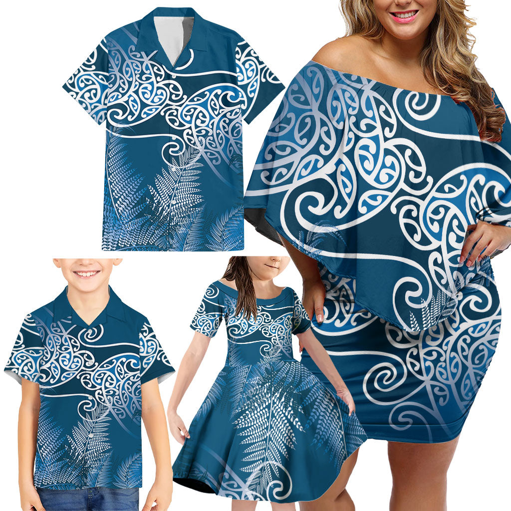Aotearoa Maori Koru Curves Family Matching Off Shoulder Short Dress and Hawaiian Shirt Silver Ferns - Navy Blue