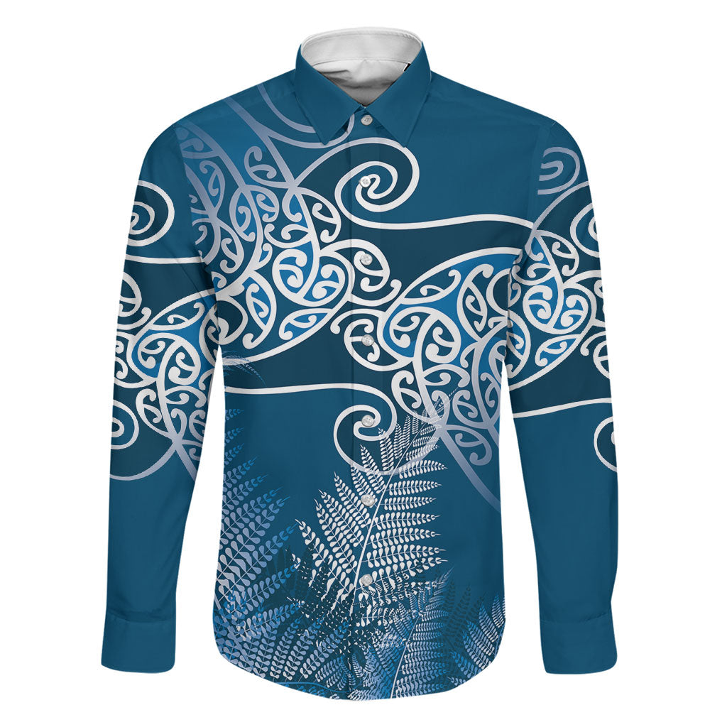 Aotearoa Maori Koru Curves Family Matching Off Shoulder Short Dress and Hawaiian Shirt Silver Ferns - Navy Blue LT7 Dad's Shirt - Long Sleeve Navy Blue - Polynesian Pride