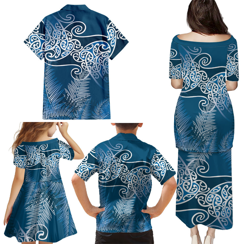 Aotearoa Maori Koru Curves Family Matching Puletasi and Hawaiian Shirt Silver Ferns - Navy Blue LT7 - Polynesian Pride