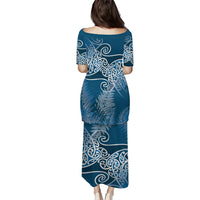 Aotearoa Maori Koru Curves Family Matching Puletasi and Hawaiian Shirt Silver Ferns - Navy Blue LT7 - Polynesian Pride