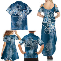 Aotearoa Maori Koru Curves Family Matching Summer Maxi Dress and Hawaiian Shirt Silver Ferns - Navy Blue LT7 - Polynesian Pride