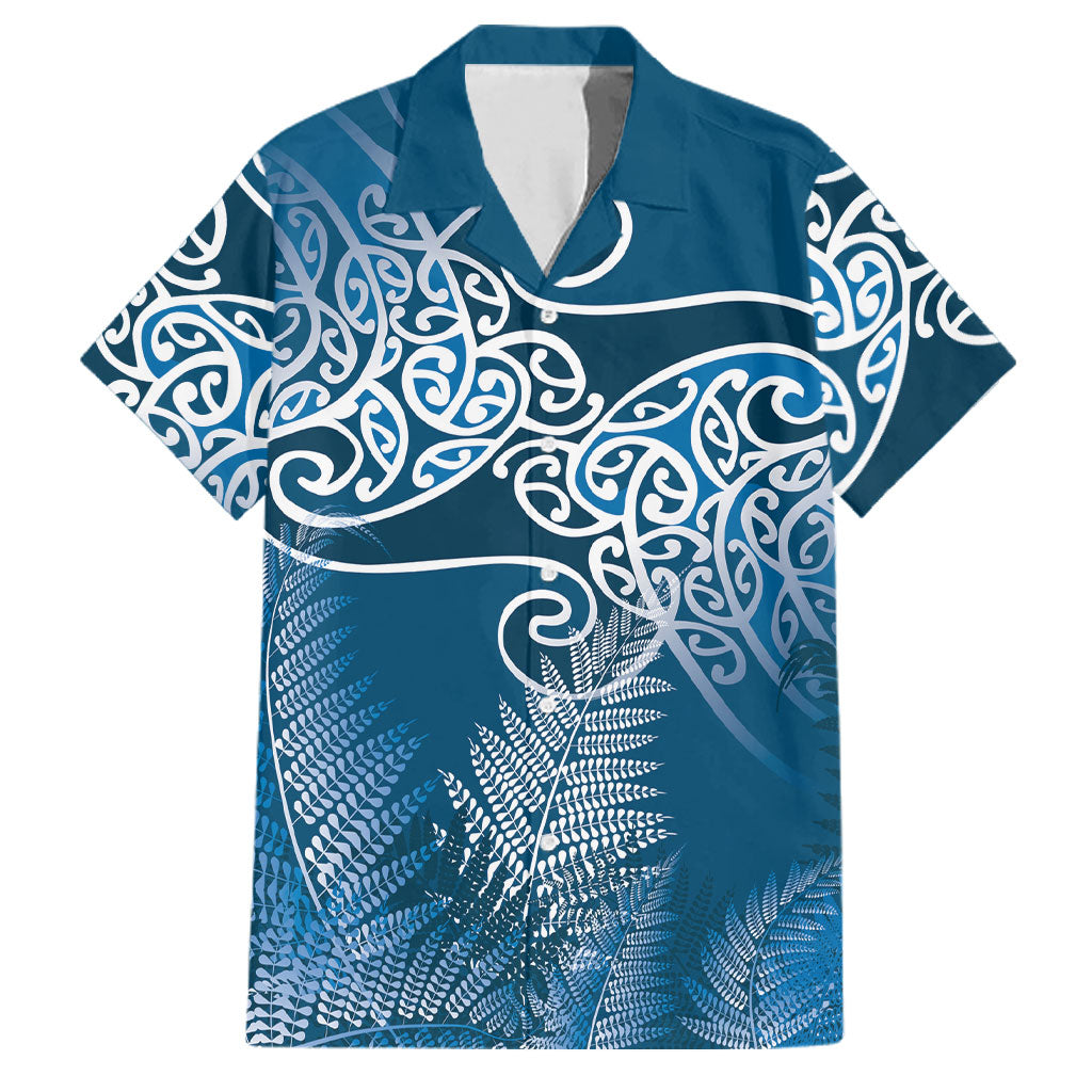 Aotearoa Maori Koru Curves Family Matching Summer Maxi Dress and Hawaiian Shirt Silver Ferns - Navy Blue LT7 Dad's Shirt - Short Sleeve Navy Blue - Polynesian Pride