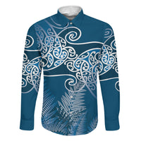 Aotearoa Maori Koru Curves Family Matching Summer Maxi Dress and Hawaiian Shirt Silver Ferns - Navy Blue LT7 Dad's Shirt - Long Sleeve Navy Blue - Polynesian Pride