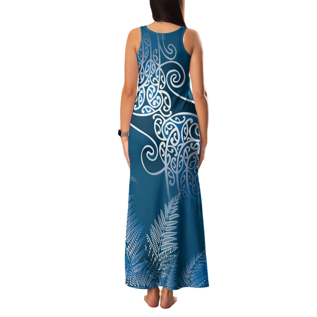 Aotearoa Maori Koru Curves Family Matching Tank Maxi Dress and Hawaiian Shirt Silver Ferns - Navy Blue LT7 - Polynesian Pride
