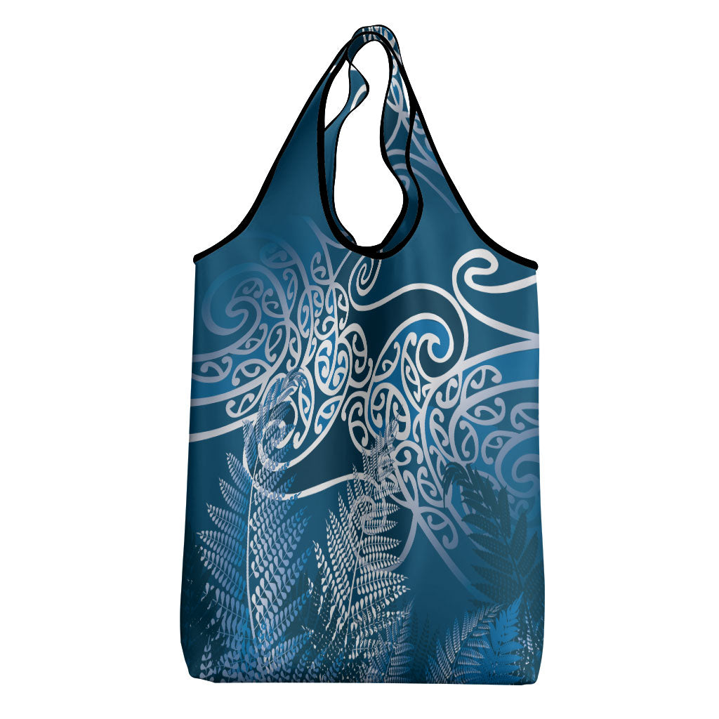 Aotearoa Maori Koru Curves Grocery Bag Silver Ferns - Navy Blue