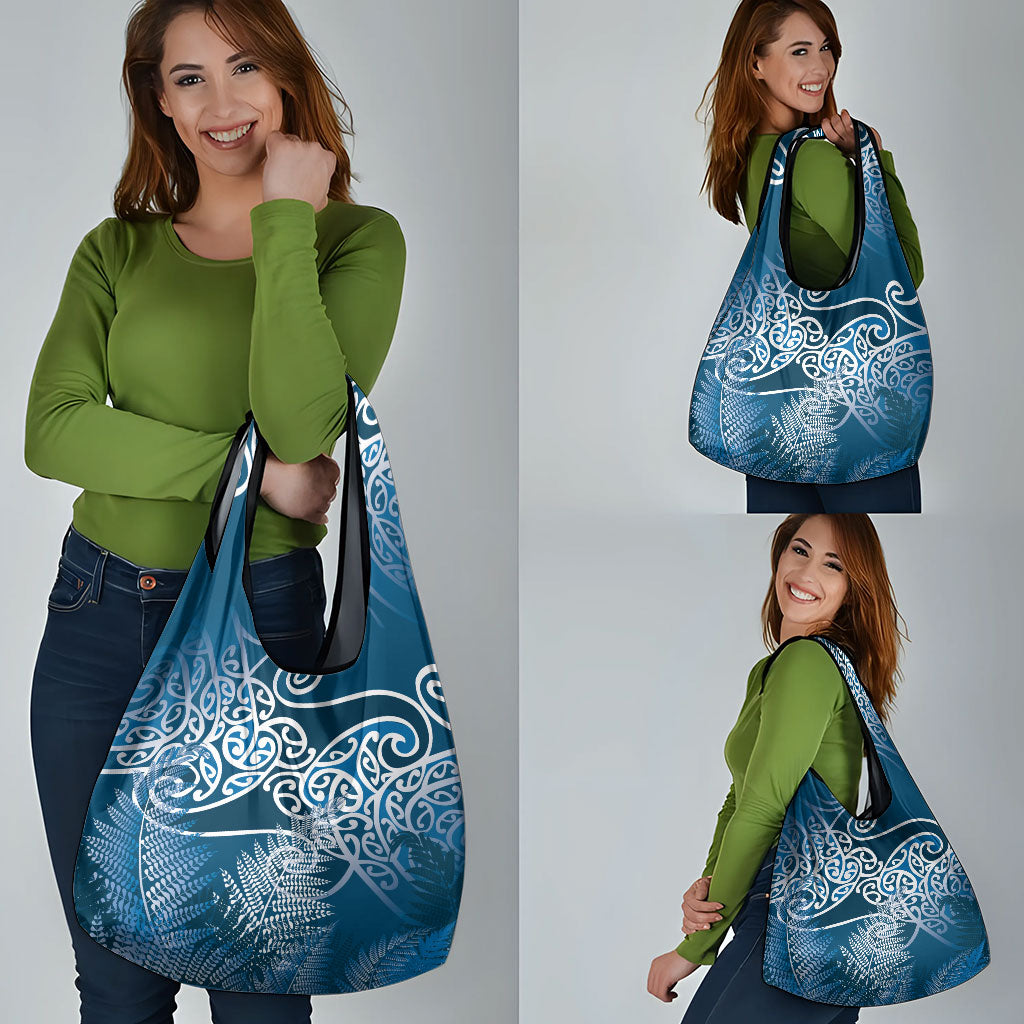 Aotearoa Maori Koru Curves Grocery Bag Silver Ferns - Navy Blue