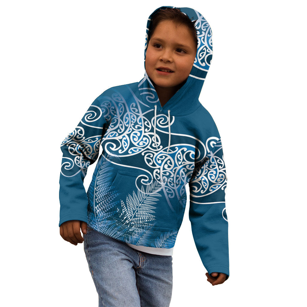 Aotearoa Maori Koru Curves Kid Hoodie Silver Ferns - Navy Blue