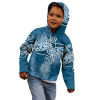 Aotearoa Maori Koru Curves Kid Hoodie Silver Ferns - Navy Blue