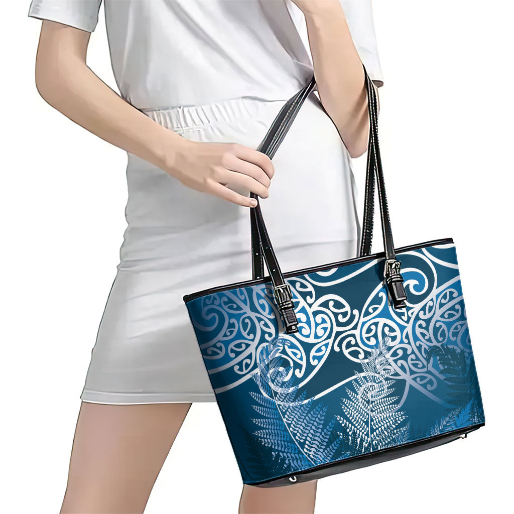 Aotearoa Maori Koru Curves Leather Tote Bag Silver Ferns - Navy Blue