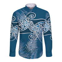 Aotearoa Maori Koru Curves Long Sleeve Button Shirt Silver Ferns - Navy Blue