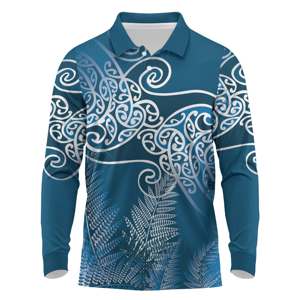 Aotearoa Maori Koru Curves Long Sleeve Polo Shirt Silver Ferns - Navy Blue