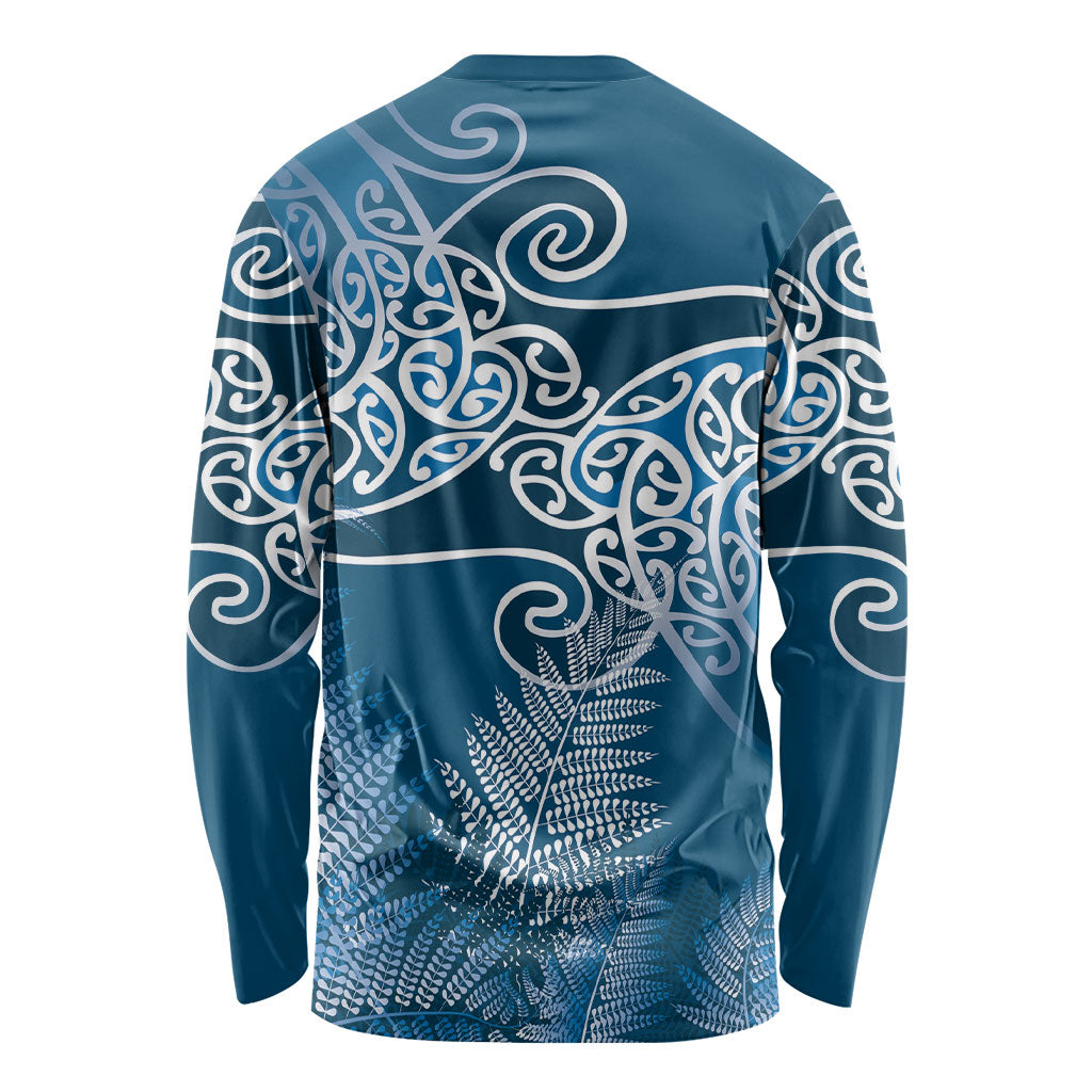 Aotearoa Maori Koru Curves Long Sleeve Shirt Silver Ferns - Navy Blue LT7 - Polynesian Pride