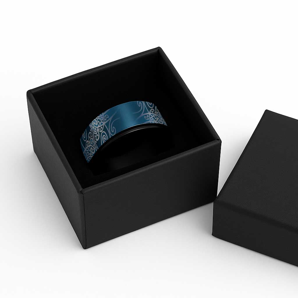 Aotearoa Maori Koru Curves Spinner Ring Silver Ferns - Navy Blue LT7 - Polynesian Pride