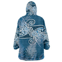 Aotearoa Maori Koru Curves Wearable Blanket Hoodie Silver Ferns - Navy Blue