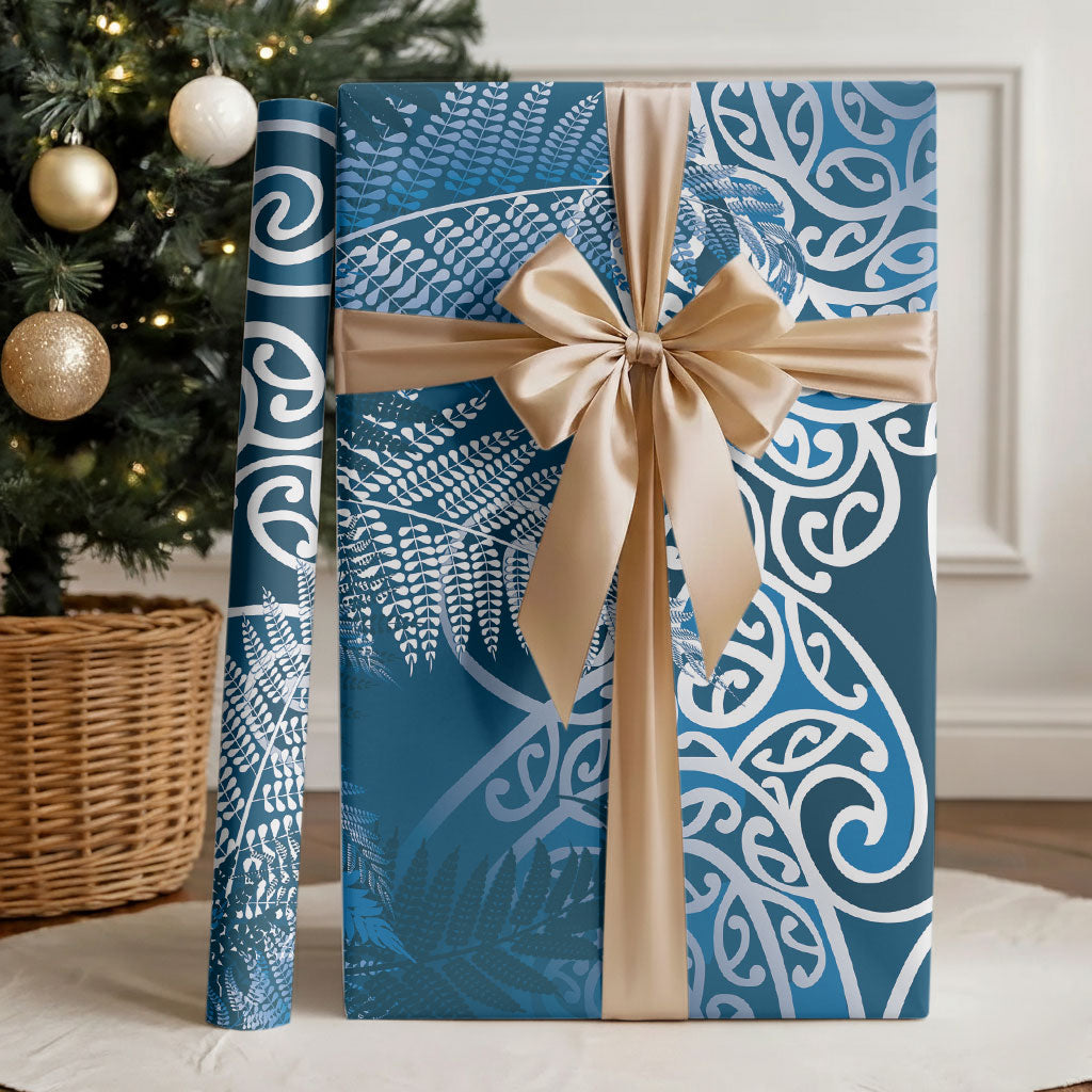 Aotearoa Maori Koru Curves Wrapping Paper Silver Ferns - Navy Blue LT7 - Polynesian Pride
