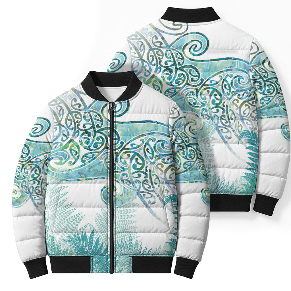 Aotearoa Maori Koru Curves Bomber Puffer Jacket Mossy Paua Shell
