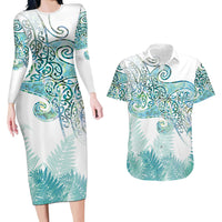 Aotearoa Maori Koru Curves Couples Matching Long Sleeve Bodycon Dress and Hawaiian Shirt Mossy Paua Shell LT7 Green - Polynesian Pride