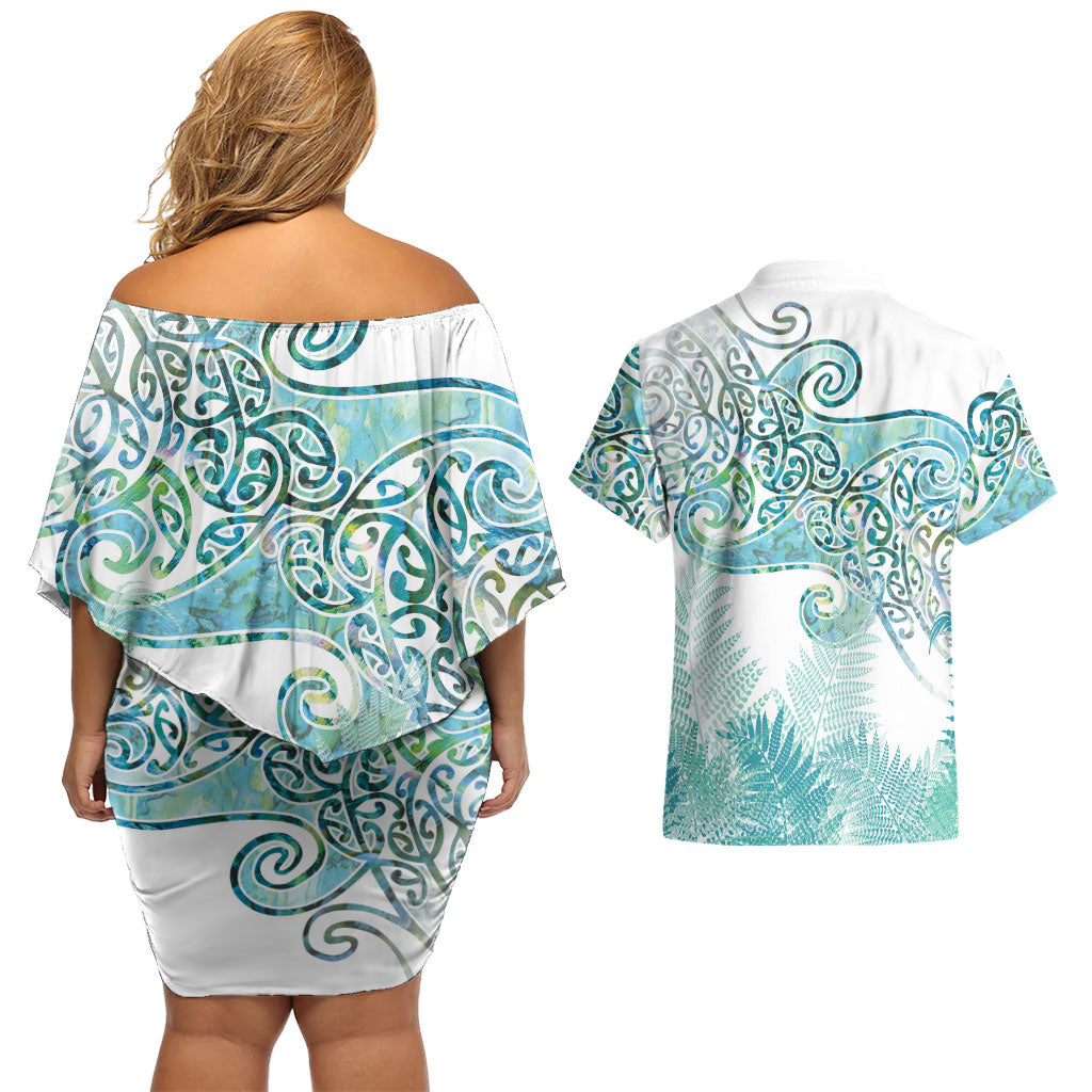 Aotearoa Maori Koru Curves Couples Matching Off Shoulder Short Dress and Hawaiian Shirt Mossy Paua Shell LT7 - Polynesian Pride