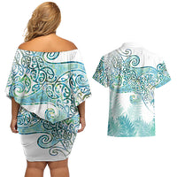 Aotearoa Maori Koru Curves Couples Matching Off Shoulder Short Dress and Hawaiian Shirt Mossy Paua Shell LT7 - Polynesian Pride