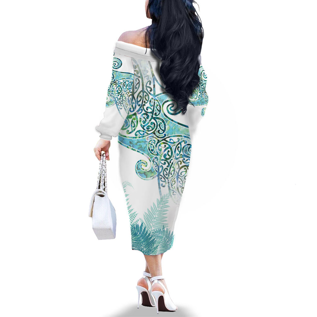 Aotearoa Maori Koru Curves Family Matching Off The Shoulder Long Sleeve Dress and Hawaiian Shirt Mossy Paua Shell LT7 - Polynesian Pride