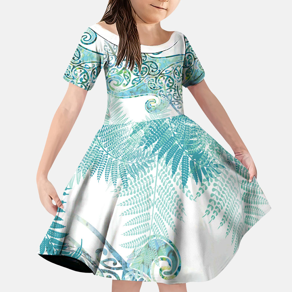 Aotearoa Maori Koru Curves Family Matching Off Shoulder Maxi Dress and Hawaiian Shirt Mossy Paua Shell LT7 Daughter's Dress Green - Polynesian Pride