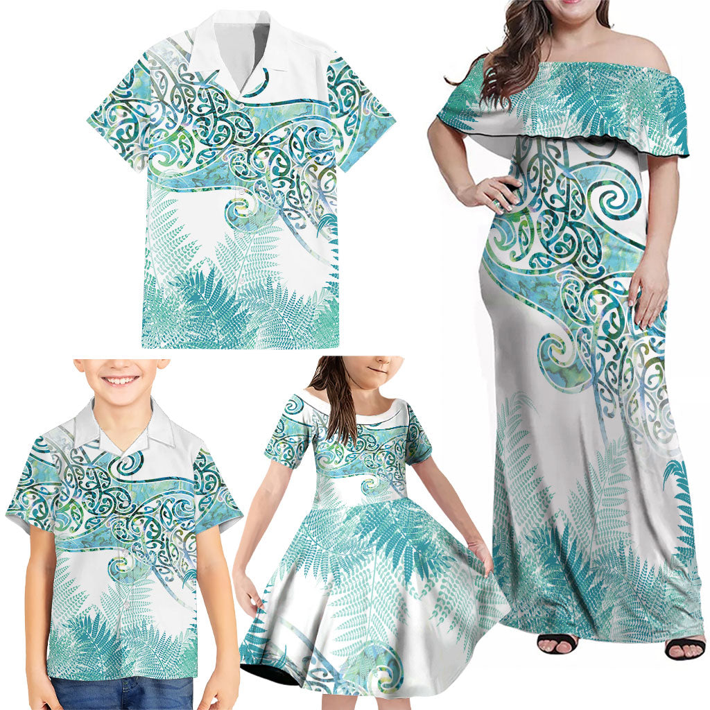 Aotearoa Maori Koru Curves Family Matching Off Shoulder Maxi Dress and Hawaiian Shirt Mossy Paua Shell LT7 - Polynesian Pride