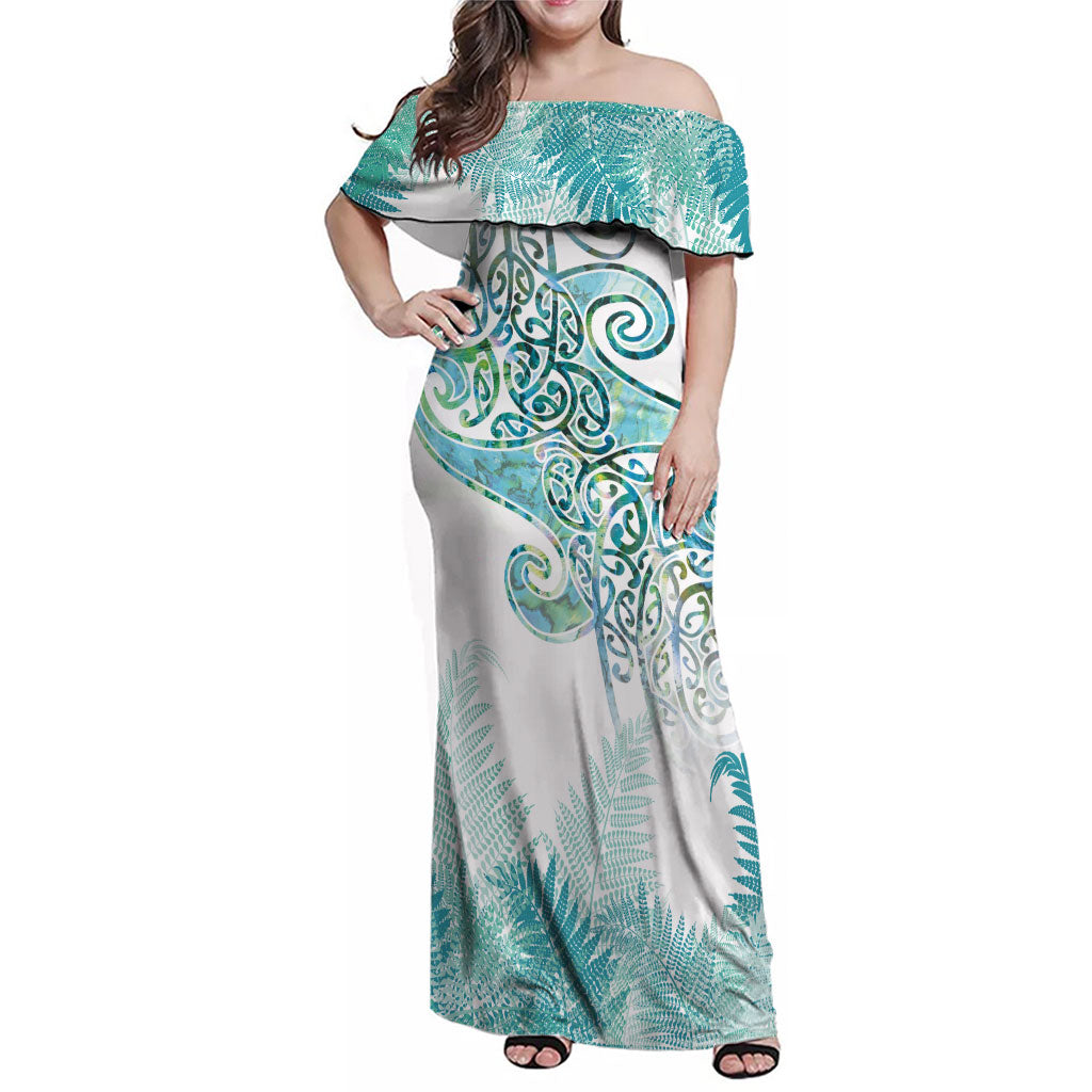 Aotearoa Maori Koru Curves Family Matching Off Shoulder Maxi Dress and Hawaiian Shirt Mossy Paua Shell LT7 Mom's Dress Green - Polynesian Pride
