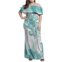 Aotearoa Maori Koru Curves Family Matching Off Shoulder Maxi Dress and Hawaiian Shirt Mossy Paua Shell LT7 Mom's Dress Green - Polynesian Pride